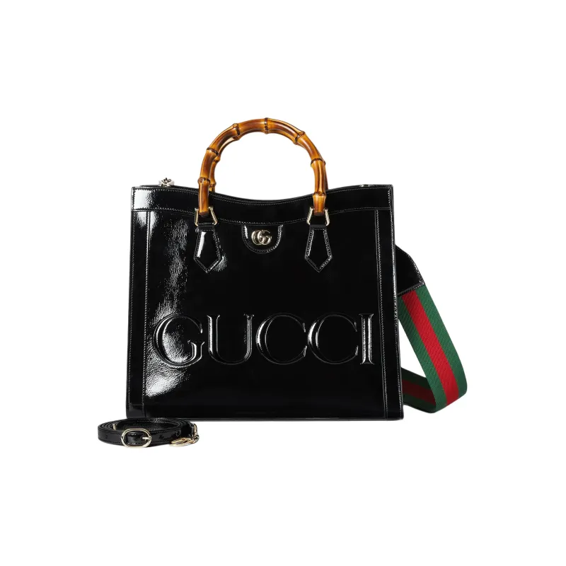 GUCCI Diana Patent Leather Tote Bag Shopping Bag Shoulder Bag Handbag Medium Size Women's Black-2