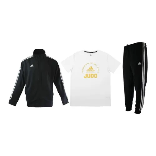 Adidas Casual Sportswear Men Set Black Base With White Stripes Coats+White T-Shirts+Black Pants