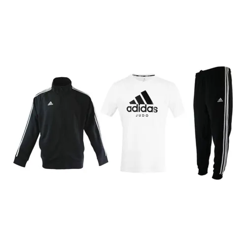 Adidas Casual Sportswear Men Set Black Base With White Stripes Coats+White T-Shirts+Black Pants