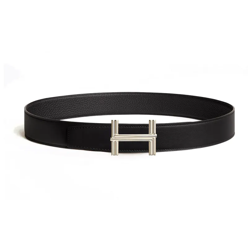 HERMES Brass Metal Leather Calfskin Leather Belts Men's Black Width  3.8cm-0