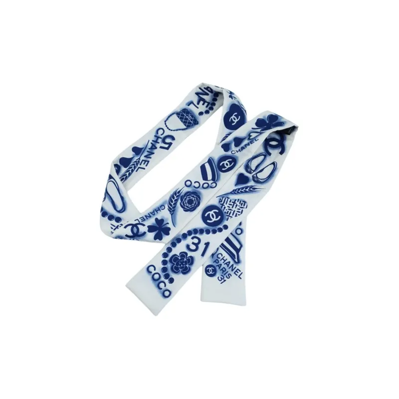 CHANEL Silk Scarves Men's White Blue-1