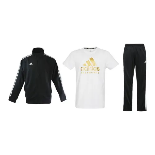 Adidas Casual Sportswear Men Set Black Base With White Stripes Coats+White Gold T-Shirts+Black/White Pants