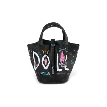 SHINICHIROINUI Cow Leather Graffiti Bag Bucket Handbag Large Size Women's Black