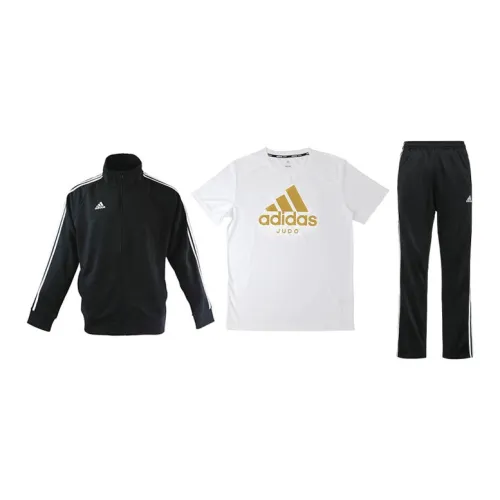 Adidas Casual Sportswear Men Set Black Base With White Stripes Coats+White T-Shirts+Black/White Pants