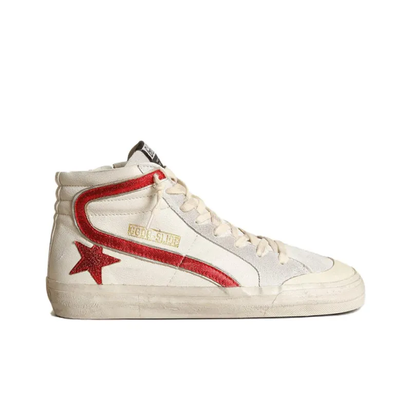 Golden Goose Slide High Top Skateboard Shoes Women's White Red-1