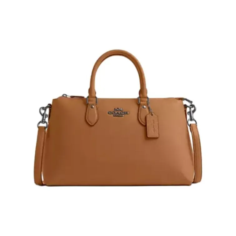 COACH Pebble Leather Shoulder Bag, Crossbody Bag, Handbag Large Size Women's Silver & Light Saddle-0