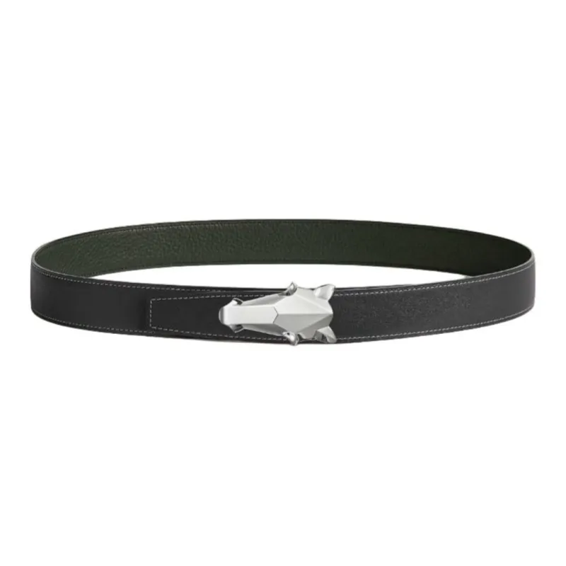 HERMES Horse Head Decoration Leather Belts Men's Black Width 3.2CM-0