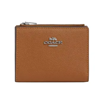 COACH Bifold Cross Grain Leather Wallet Mini Women's Silver & Light Saddle