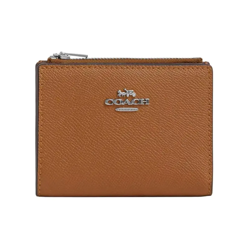 COACH Cross Grain Leather Wallet Mini Women's Silver With Light Saddle-0