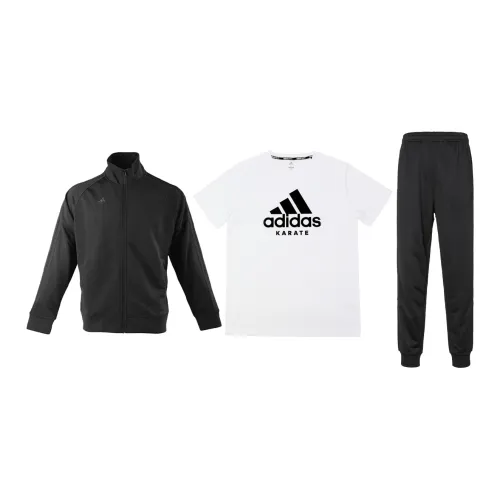 Adidas Casual Sportswear Men Set Black Coats+White Base With Black Logo T-Shirts+Black Pants