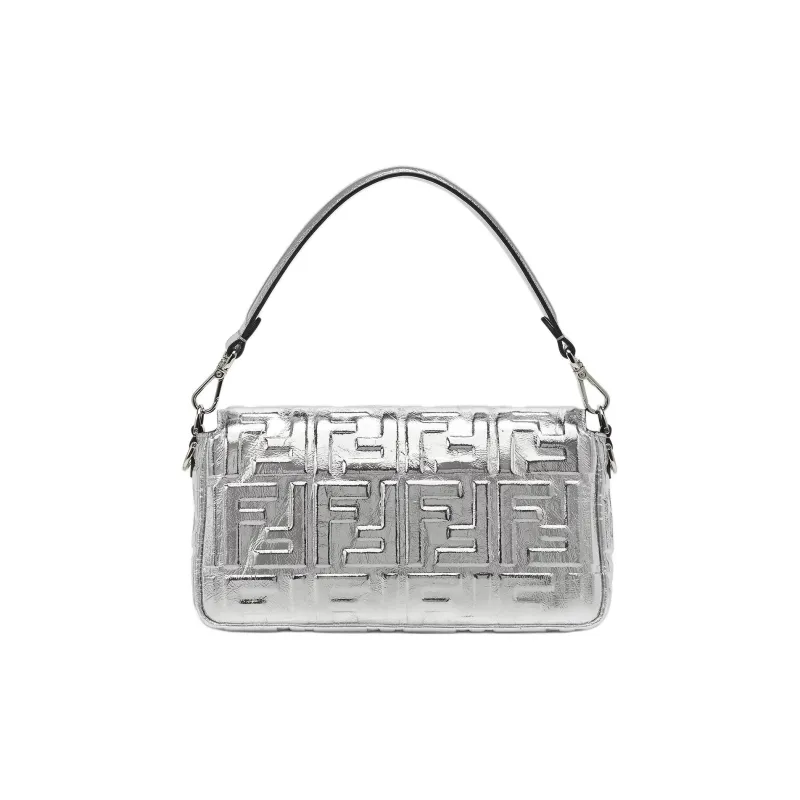 FENDI Baguette Leather Shoulder Bag, Crossbody Bag, Handbag Medium Size Women's Silver-2