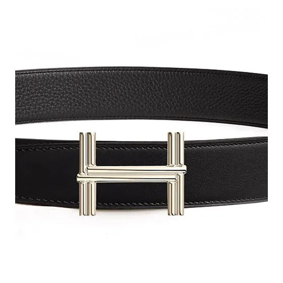 HERMES Brass Metal Leather Calfskin Leather Belts Men's Black Width  3.8cm-2