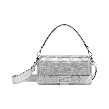FENDI Baguette Leather Shoulder Bag, Crossbody Bag, Handbag Medium Size Women's Silver