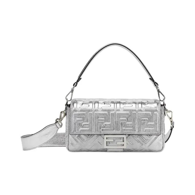 FENDI Baguette Leather Shoulder Bag, Crossbody Bag, Handbag Medium Size Women's Silver-0