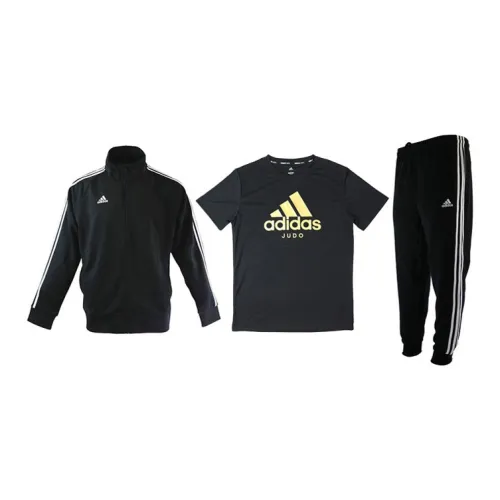 Adidas Casual Sportswear Men Set Black Base With White Stripes Coats+Black T-Shirts+Black Pants