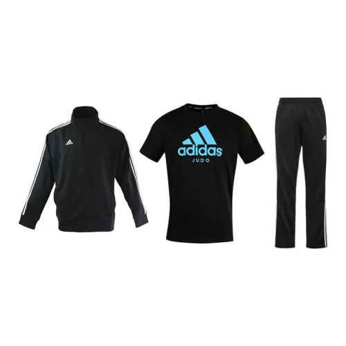 Adidas Casual Sportswear Men Set Black Base With White Stripes Coats+Black T-Shirts+Black/White Pants