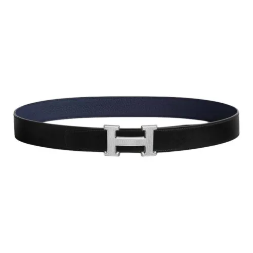 HERMES Cow Leather Belts Men's Black/Blue Width 3.2CM