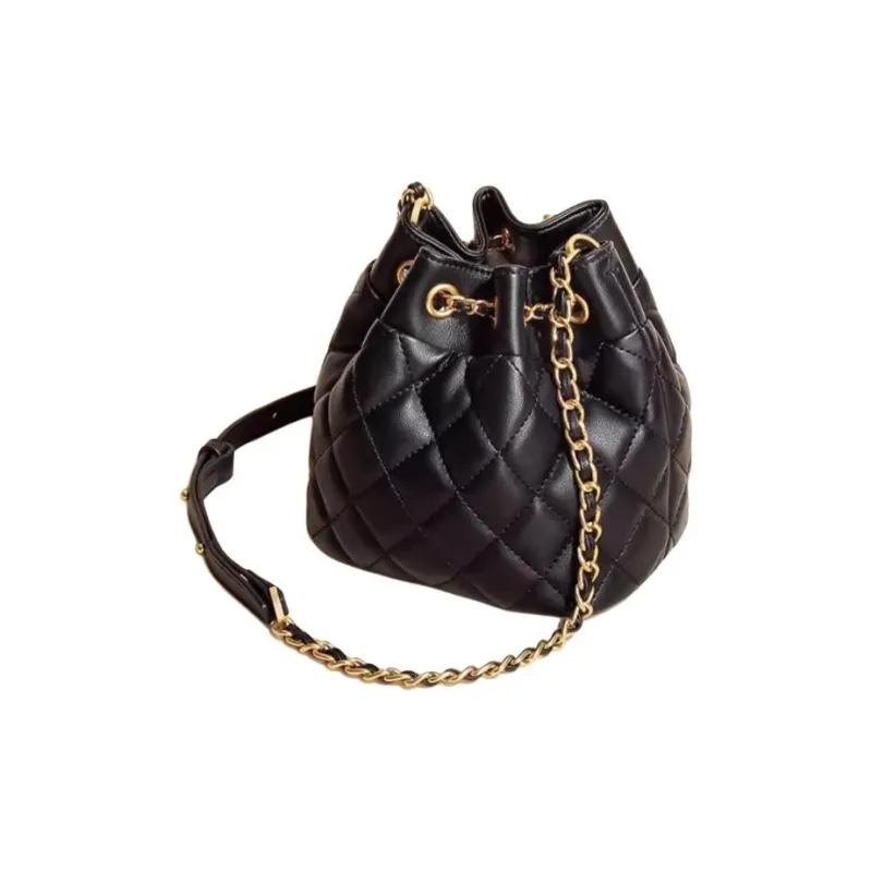 TOUCH MISS Cow Leather Bucket Bags Shoulder Bag Crossbody Bag Small Size Women's Black-2