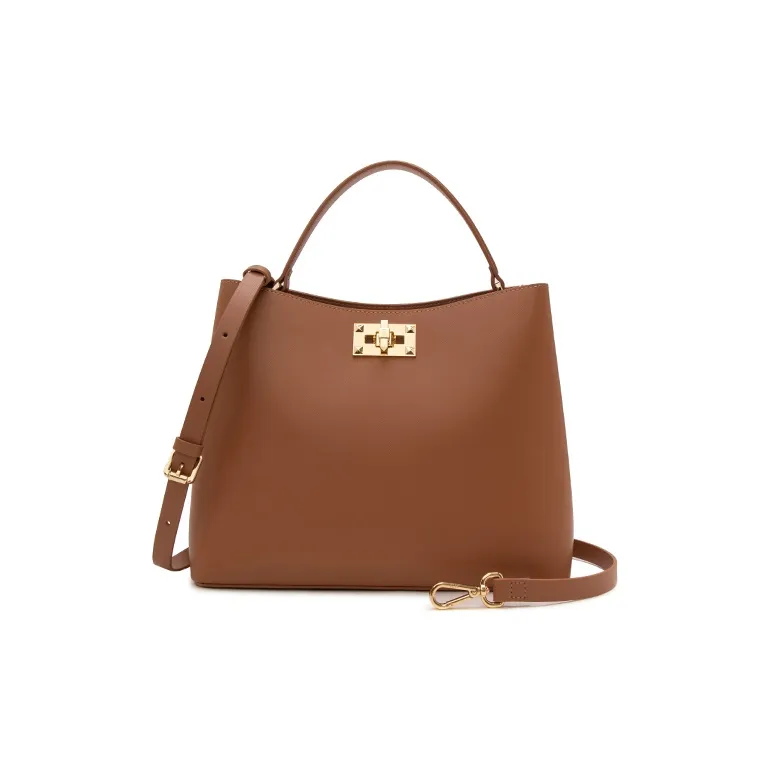 ELLE Leather One Shoulder Handbag Large Size Women's Brown/Black-0
