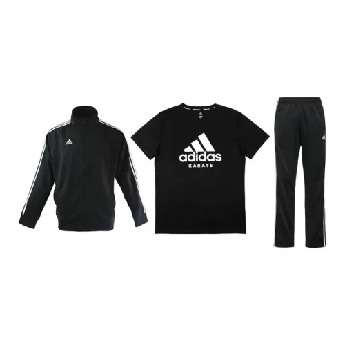 Adidas Casual Sportswear Men Set Black Background With White Stripes Coats+Black Background With White Logo T-Shirts+Black/White Pants