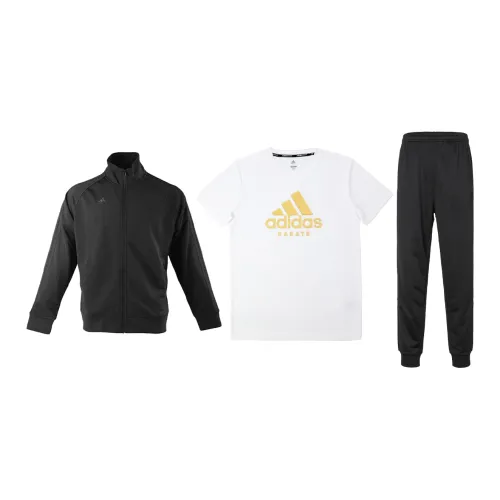 Adidas Casual Sportswear Men Set Black Coats+White Base Gold Logo T-Shirts+Black Pants