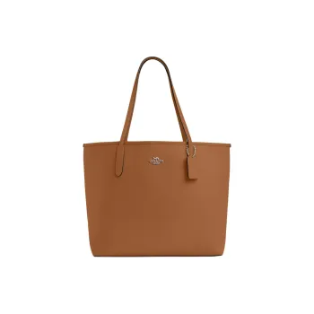 COACH City Double Sided Leather Tote Bag, Shopping Bag, Shoulder Bag, Handbag Large Size Women's Silver & Light Saddle