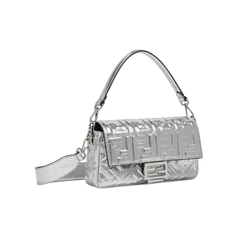 FENDI Baguette Leather Shoulder Bag, Crossbody Bag, Handbag Medium Size Women's Silver-1