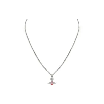 Vivienne Westwood Brass Zircon 3D Effect Saturn Pendant Necklace Women's Silver/Dark Pink