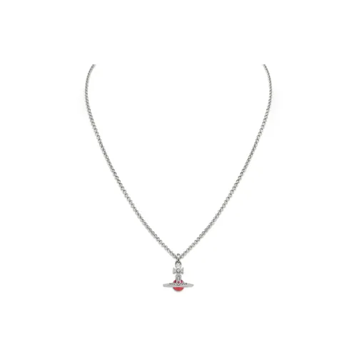 Vivienne Westwood Brass Zircon 3D Effect Saturn Pendant Necklace Women's Silver/Dark Pink
