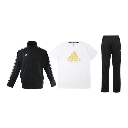 Adidas Casual Sportswear Men Set Black Base With White Stripes Coats+White T-Shirts+Black/White Pants