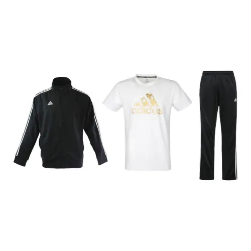 Adidas Casual Sportswear Men Set Black Base With White Stripes Coats+White Gold T-Shirts+Black/White Pants