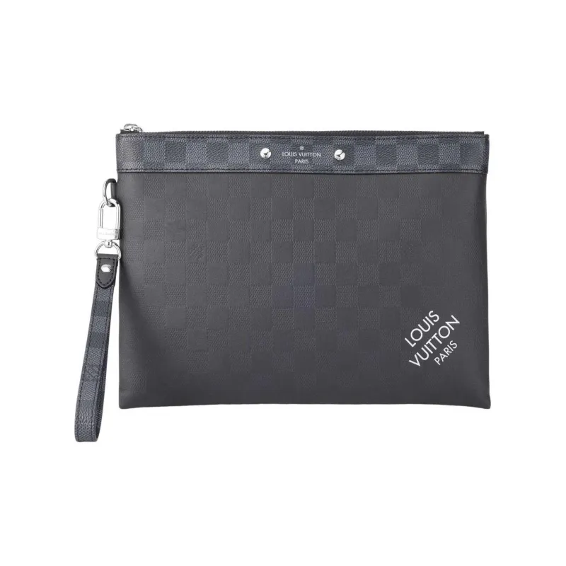 LOUIS VUITTON Pochette To Go Cow Leather With Graphite Chessboard Canvas Clutch Regular Men's Black-1