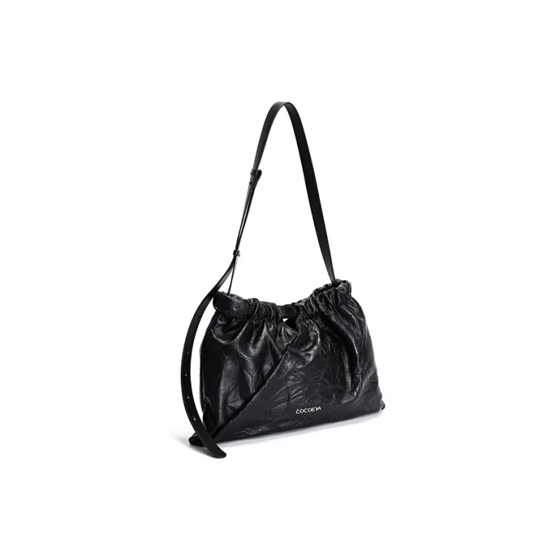 COCOEVA Top Grain Cow Leather Large Capacity Drawstring Shoulder Bag Regular Women's Black-1
