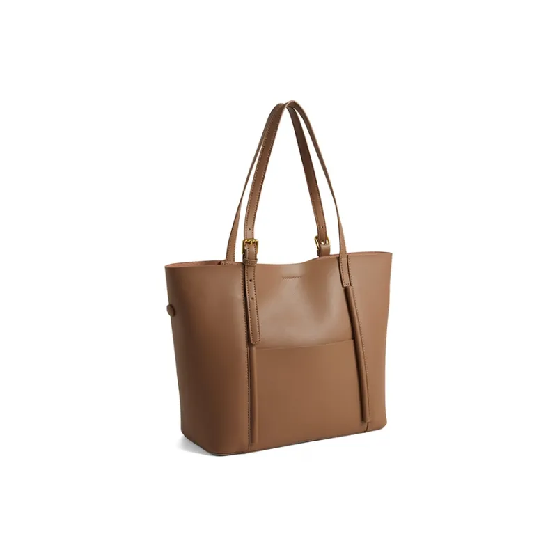 COCOEVA Cow Leather Shoulder Bag With Adjustable Shoulder Strap Commute Tote Regular Women's Caramel/Black-1