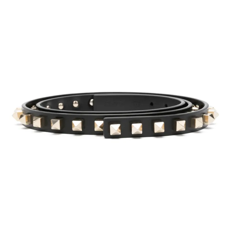 Valentino Stud Inlay Smooth Buckle Leather Belts Women's Black Width 1.5CM-0