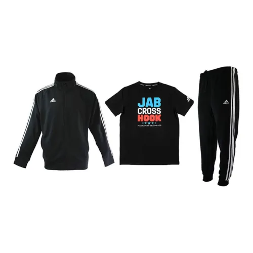 Adidas Casual Sportswear Men Set Black Base With White Stripes Coats+Black T-Shirts+Black Pants