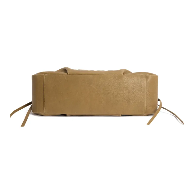 Clos Vegetable Tanned Cow Leather Handbag Large Size Women's Green/Apricot/Black-3