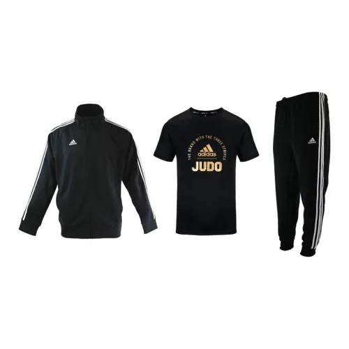 Adidas Casual Sportswear Men Set Black Base With White Stripes Coats+Black/Gold T-Shirts+Black Pants