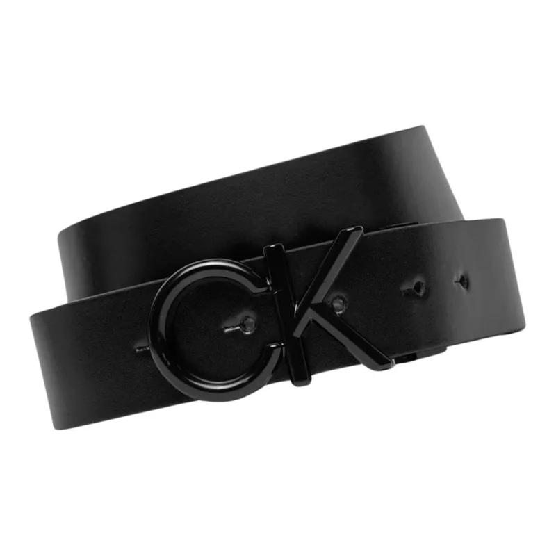 CK/Calvin Klein Logo Emblem Smooth Buckle Leather Belts Women's Black Width: 3CM-1