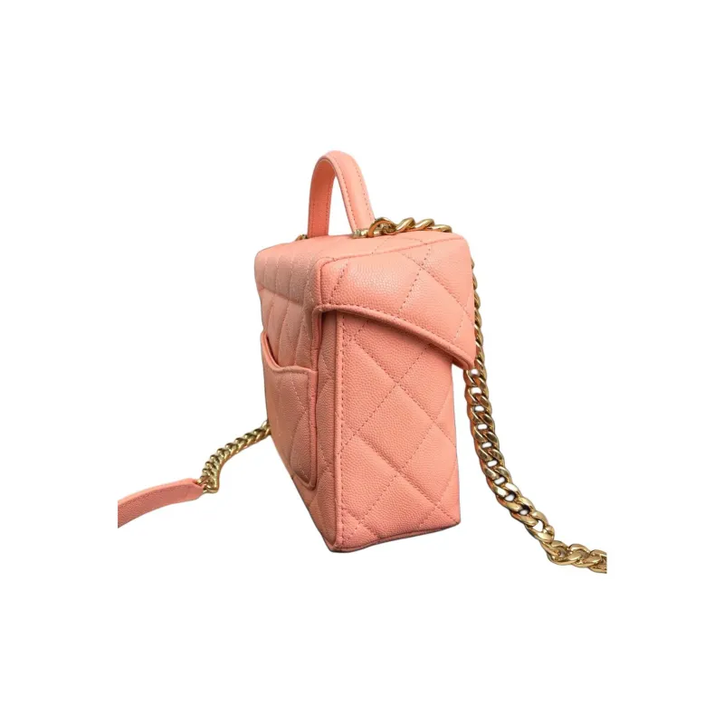 CHANEL Grain Embossed Caviar Calfskin Portable One Shoulder Crossbody Makeup Bag Trumpets Women's Orange-2