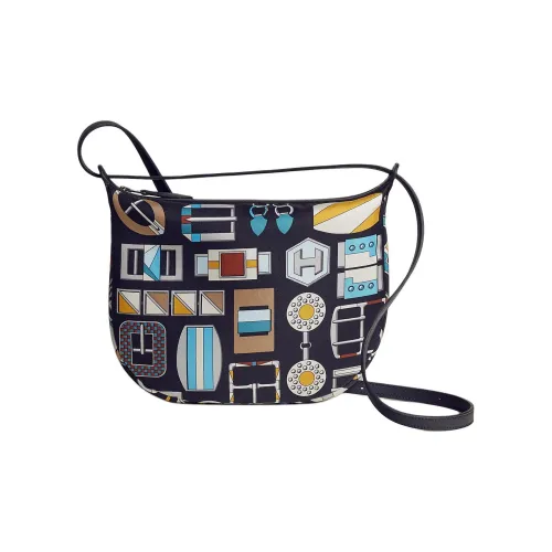 HERMES Silky Taffeta And Swift Calfskin One Shoulder Crossbody Makeup Bag Women's Navy Blue Chalk White Black