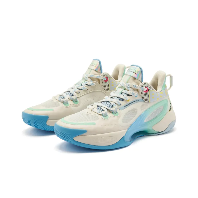 QIAODAN Dawn Basketball Shoes Men Low Top Ancient Porcelain White Sea Salt Blue-2