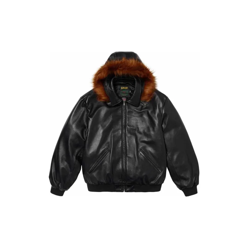 Supreme X Schott Hooded Leather Bomber Jacket-2