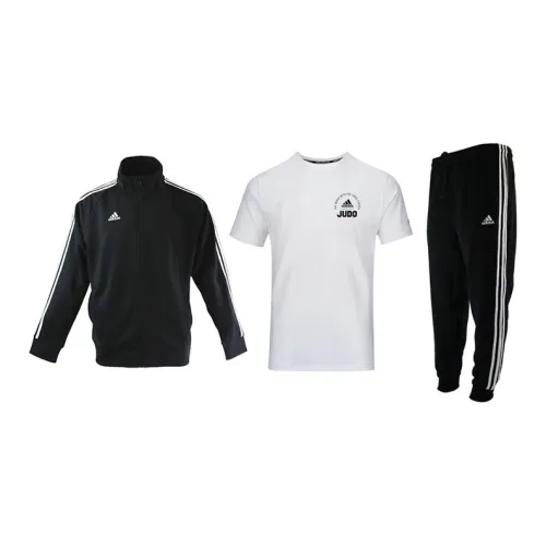 Adidas Casual Sportswear Men Set Black Base With White Stripes Coats+White Base With Black Text T-Shirts+Black Pants