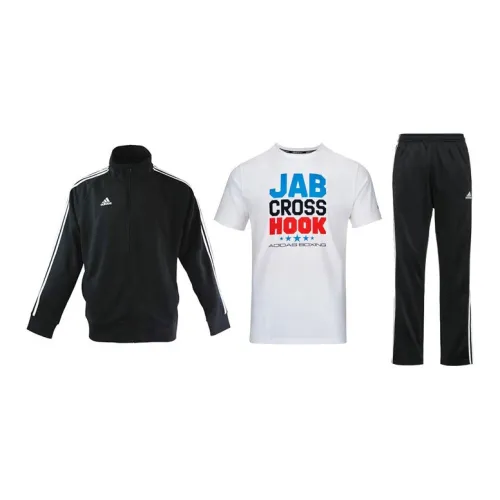 Adidas Casual Sportswear Men Set Black Base With White Stripes Coats+White T-Shirts+Black/White Pants