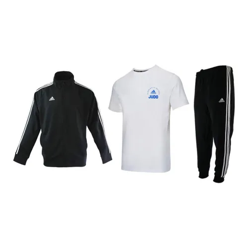 Adidas Casual Sportswear Men Set Black Base With White Stripes Coats+White/Blue T-Shirts+Black Pants