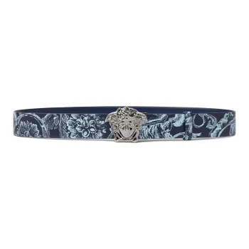 VERSACE Baroque Print Design Smooth Buckle Leather Belts Men's Blue