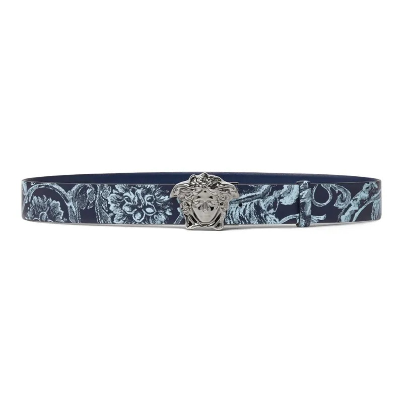 VERSACE Baroque Print Design Smooth Buckle Leather Belts Men's Blue-0