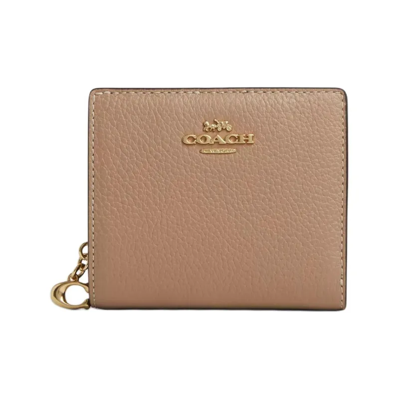 COACH Snap Wallet Refined Pebble Pattern Leather Coin Purse Wallet Mini Women's Gold & Taupe-0