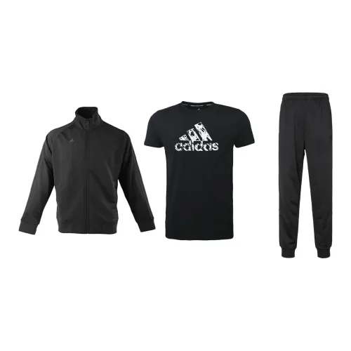 Adidas Casual Sportswear Men Set Black Coats+White Base With Black Logo T-Shirts+Black Pants